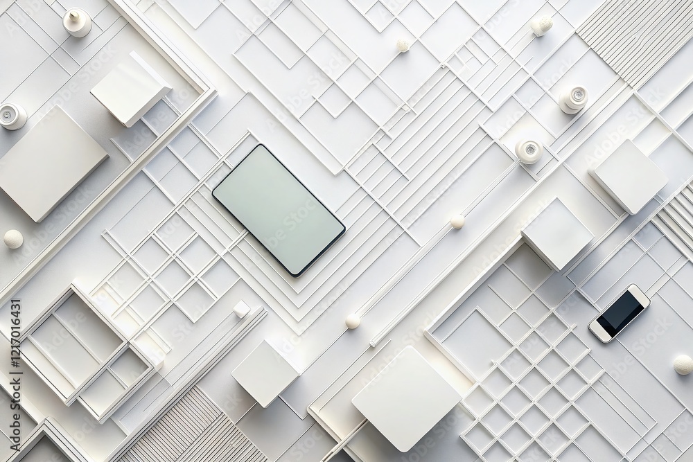 Poster minimalist tech geometric patterns on white background - abstract digital design stock photo