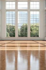 Spacious, light-filled room with large windows revealing a cityscape and greenery. The room has a vintage style with a polished wooden floor.