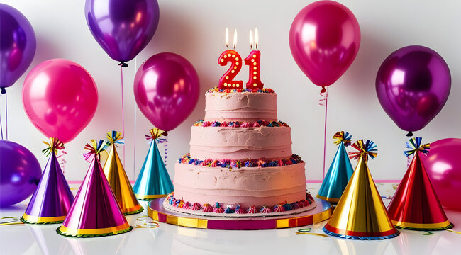 A vibrant birthday celebration featuring a pink cake with candles, surrounded by colorful balloons and party hats for a 21st birthday.