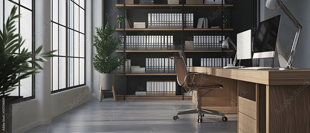 Poster digital file management depicted in a sleek and modern workspace setting -