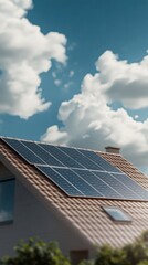 Fototapeta premium The image shows solar panels installed on a house's roof under a blue sky with clouds, emphasizing sustainability and renewable energy.