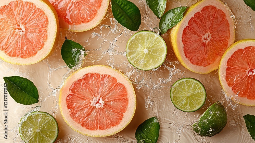 Poster vibrant display of fresh grapes and limes with juicy slices on a wooden surface creating a colorful 