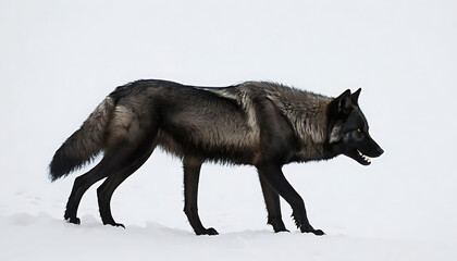 Obraz premium Majestic Black Wolf Walking in Winter Snow Wild Animal Photography Nature Scene Powerful Predator Canine Dark Fur Winter Landscape