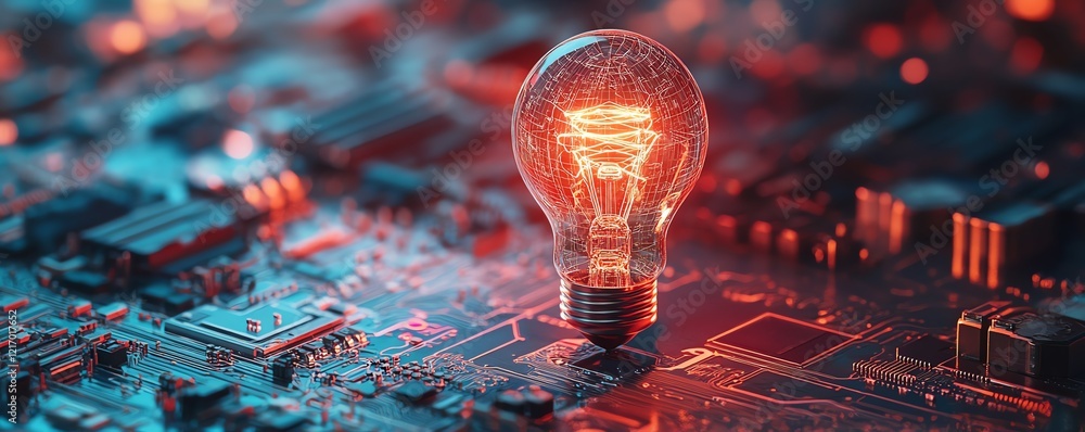 Poster 3d illuminated lightbulb on a circuit board, representing generative ai and innovation, set against 