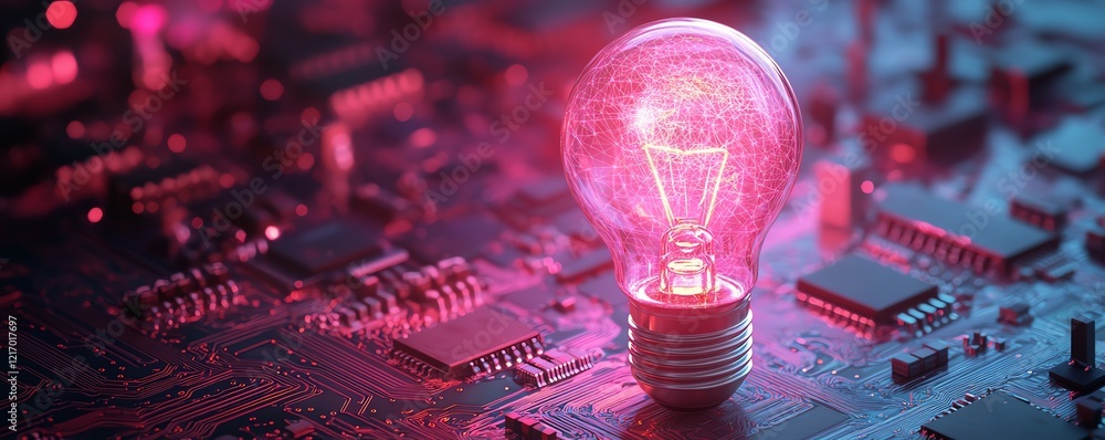 Poster 3d illuminated lightbulb on a circuit board, representing generative ai and innovation, set against 