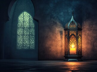Elegant Arabic lantern with a glowing candle inside, casting intricate shadows on an empty room wall with an arched window. 