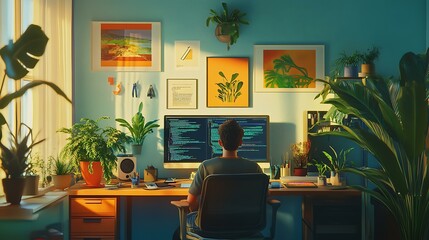 Fototapeta premium A creative workspace filled with coding tools, plants, and a full-stack developer at work
