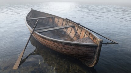 Obraz premium Wooden boat gently resting on calm waters in a misty morning setting near the shore