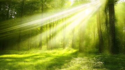 Fototapeta premium Lush Green Forest Landscape with Sunlit Rays, Serene Nature Background for Stock Photography