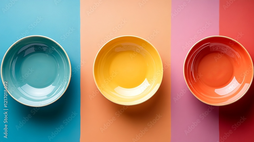 Poster vibrant display of three colorful bowls arranged harmoniously against a bright colorful background c