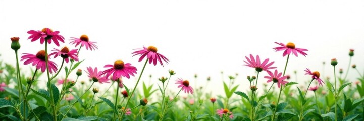 Echinacea flowers and leaves in a field of greenery against white background, botanicals, botany