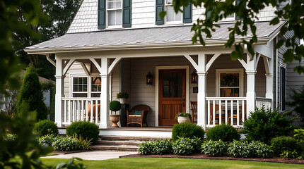 Fototapeta premium Charming Suburban Home with a Classic Porch and Landscaped Garden. The inviting front entrance features a beautiful design and architecture, perfect for a cozy family life.