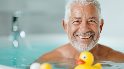 Elderly Man With Open Smile, Enjoying Bath Time