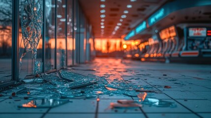 Shattered storefront glass, arcade sunset, vandalism