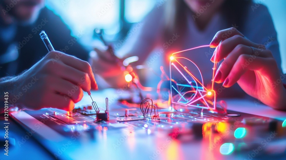 Poster glowing circuit board in workshop with soldering and wiring
