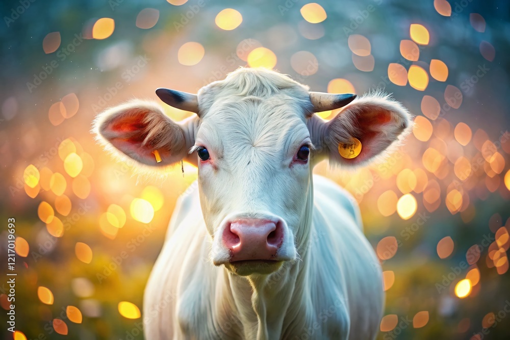 Poster minimalist white cow pattern design with bokeh background - stock photo