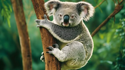 Fototapeta premium A koala perched on a eucalyptus tree in an Australian forest, lazily resting amidst the lush green leaves, capturing the iconic wildlife of Australia in its natural habitat