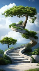 A surreal image of a spiraling stone path adorned with lush trees leading to a clear sky, symbolizing the journey to success or a business goal.