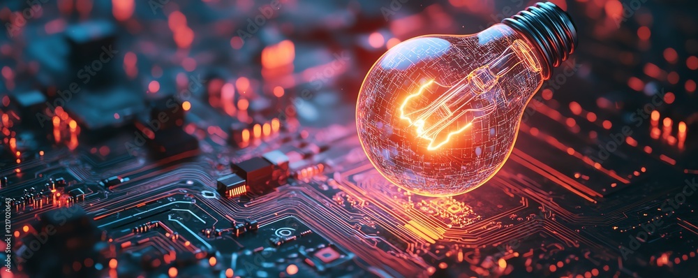 Poster glowing lightbulb on a digital circuit board background, symbolizing innovation, technology, and gen