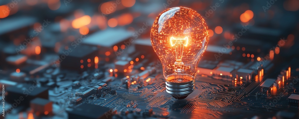 Aufkleber glowing lightbulb on a digital circuit board background, symbolizing innovation, technology, and gen