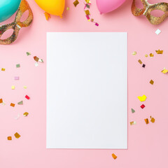 blank white menu mockup on pink background surrounded by colorful balloons and festive confetti, creating cheerful party atmosphere