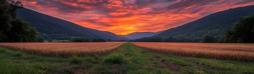 Fototapeta premium Sunset valley field path, fiery sky