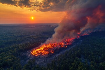 A large fire is burning in the middle of a forest, with smoke and flames visible