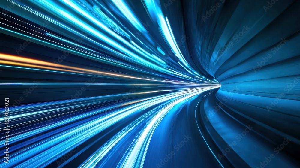 Poster dynamic blue light trails creating the illusion of high-speed movement through a futuristic tunnel
