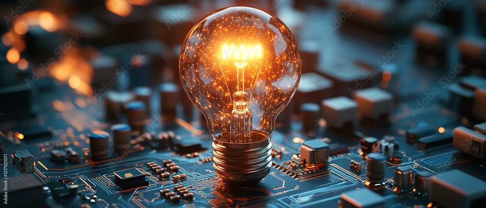Poster lightbulb glowing on a circuit board, symbolizing the intersection of innovation, technology, and ge