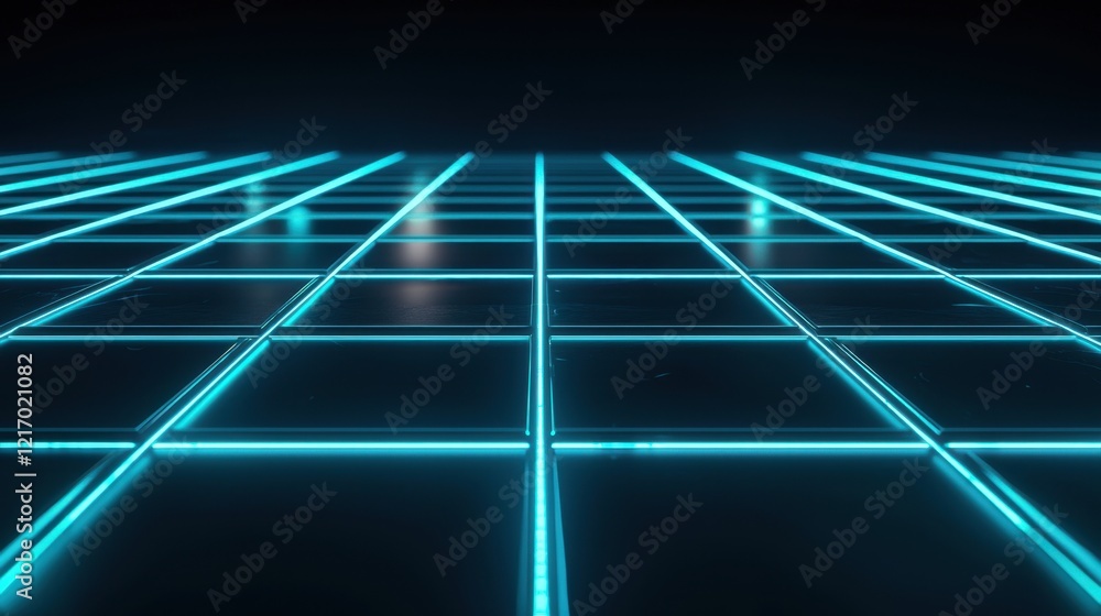 Poster illuminated grid pattern showcasing a futuristic design with vibrant blue lines on a dark background
