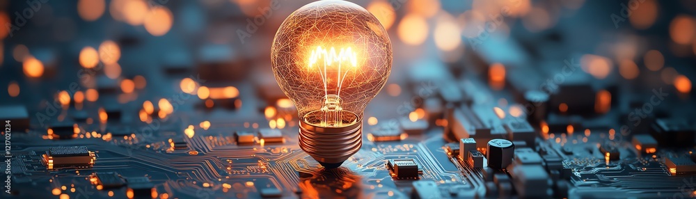 Poster lightbulb glowing on a circuit board, representing the fusion of innovation, technology, and generat