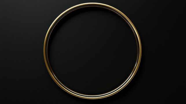 Gold circle thin frame. Golden black metal ring, button, stamp, emblem, sticker, label. First place medal isolated on black background