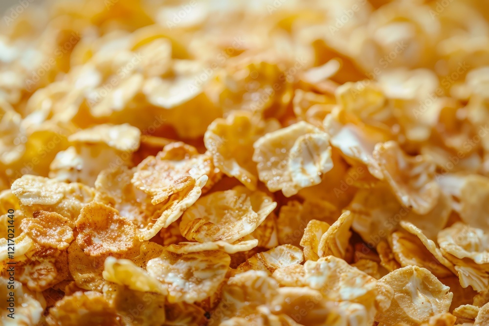 Poster close up view of golden cornflakes, creating a textured and inviting breakfast scene