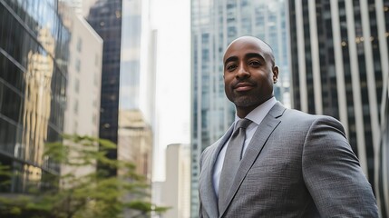 A man in a suit and tie stands in front of a tall building