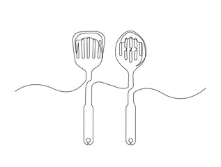 Continuous one line drawing of spatula - kitchen equipment. Kitchen spatula in single line draw illustration. Editable stroke.