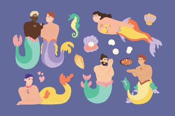 Colorful gender-diverse cute mermaids. Hand drawn LGBTQ concept in modern flat vector illustration style.