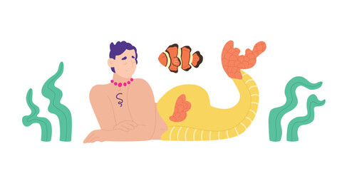 Colorful gender-diverse cute mermaid. Hand drawn LGBTQ concept in modern flat vector illustration style.