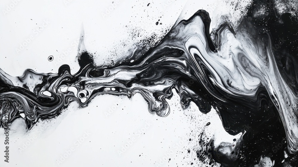 Poster abstract black and white fluid art with contrasting swirls and dynamic movement in a minimalist back