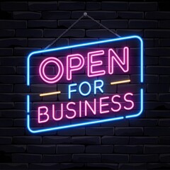 Neon "Open for Business" Sign with Vibrant Colors on Brick Wall