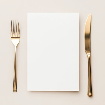blank white menu mockup with gold cutlery on neutral background, perfect for elegant dining settings