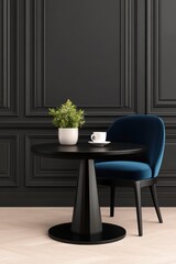 A modern classic interior featuring a sleek black round table, a blue velvet chair, and a small potted plant, set against an elegant paneled wall.