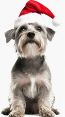 A cute highland terrier dog is sitting while wearing a Santa hat. The background is plain white, highlighting the festive mood of the image.