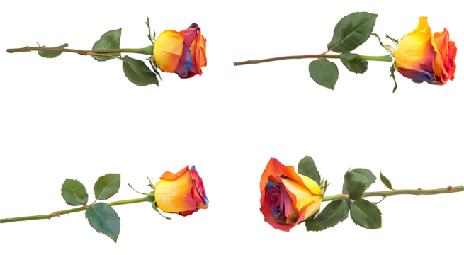 A single red rose with green leaves, perfect for expressing love and romance, isolated on a white background as transparent PNG.AI GENERATED