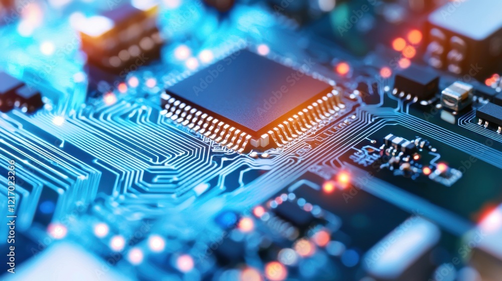 Poster intricate circuit board with vibrant electronics components and microchips