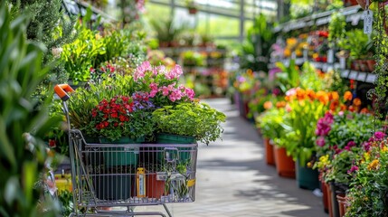 Colorful flower shopping at a vibrant nursery with a cart full of plants and blooms
