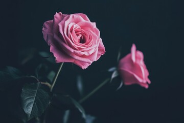 Fototapeta premium A beautiful pink rose in a decorative vase set against a dark, mysterious black background