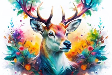 Modern Artistic Watercolor Animal Double Exposure Background - White