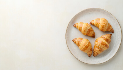 Golden croissants arranged on textured ceramic plate, showcasing their flaky layers and buttery texture, perfect for breakfast or brunch
