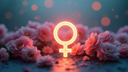 Glowing female gender symbol with soft-focus flowers and neutral background for text addition