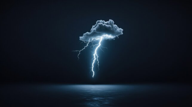 A dramatic scene of a single cloud releasing a vivid lightning bolt in a dark, stormy sky. The bolt illuminates the moody atmosphere over a calm sea.